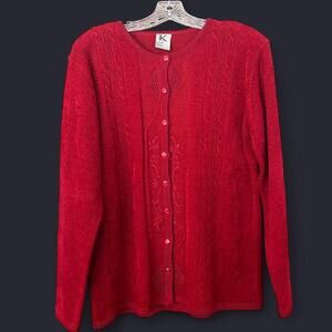 Vintage Christmas Red Cozy Knit Embroidered Cardigan, Classic, Chic, Preppy,Sz L